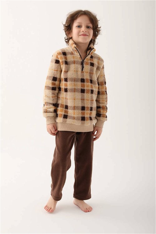 Arnetta Zipper Details Koyu Kahverengi Erkek Çocuk Uzun Kol Pijama Takım