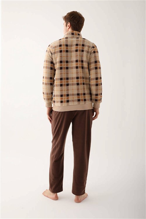 Arnetta Checkered Zipper Açık Kahverengi Erkek Uzun Kol Pijama Takım