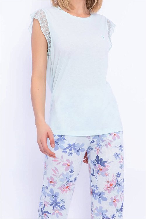 Arnetta Çiçek Desenli Nil Mavisi Dantel Detaylı Kadın Pijama Takımı