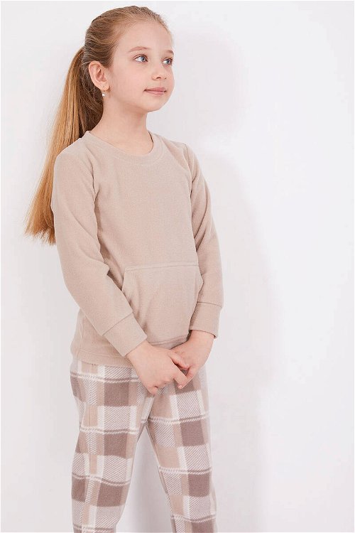 Arnetta Ekoseli Kanguru Cepli Kahverengi Kız Çocuk Uzun Kol Pijama Takım