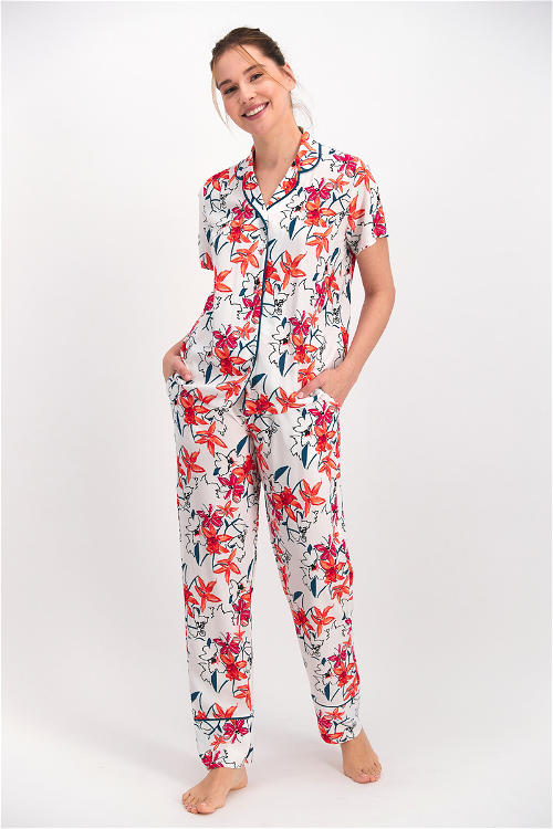 Arnetta Floral Krem Kadın Gömlek Pijama