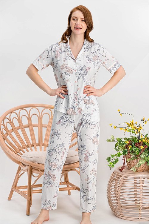 Arnetta Hyacinth Krem Düğmeli Kadın Gömlek Pijama Takımı