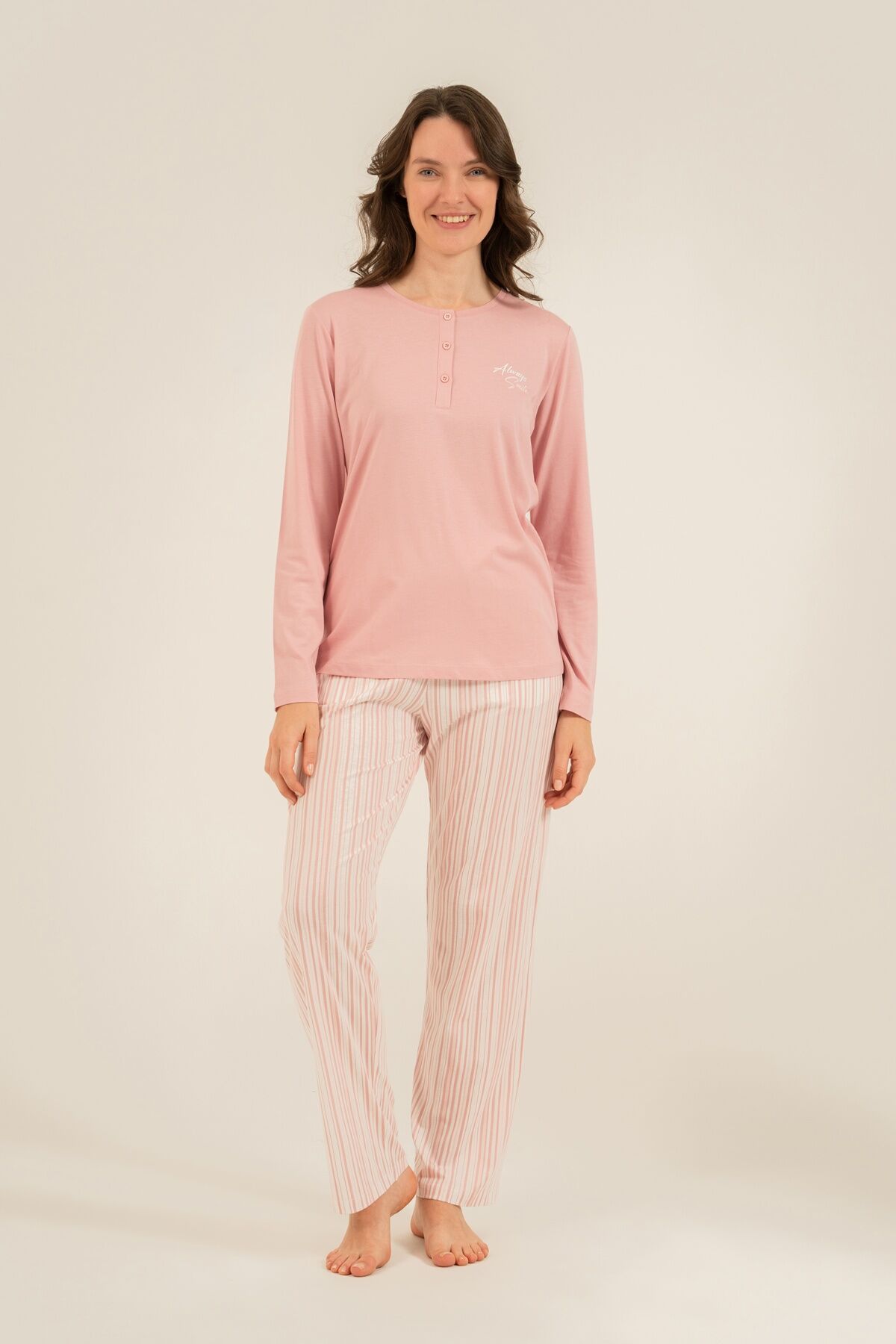 ARNETTA - Arnetta Kadın Always Smile Pembe Uzun Kol Pijama Takımı AR3754-S-V1