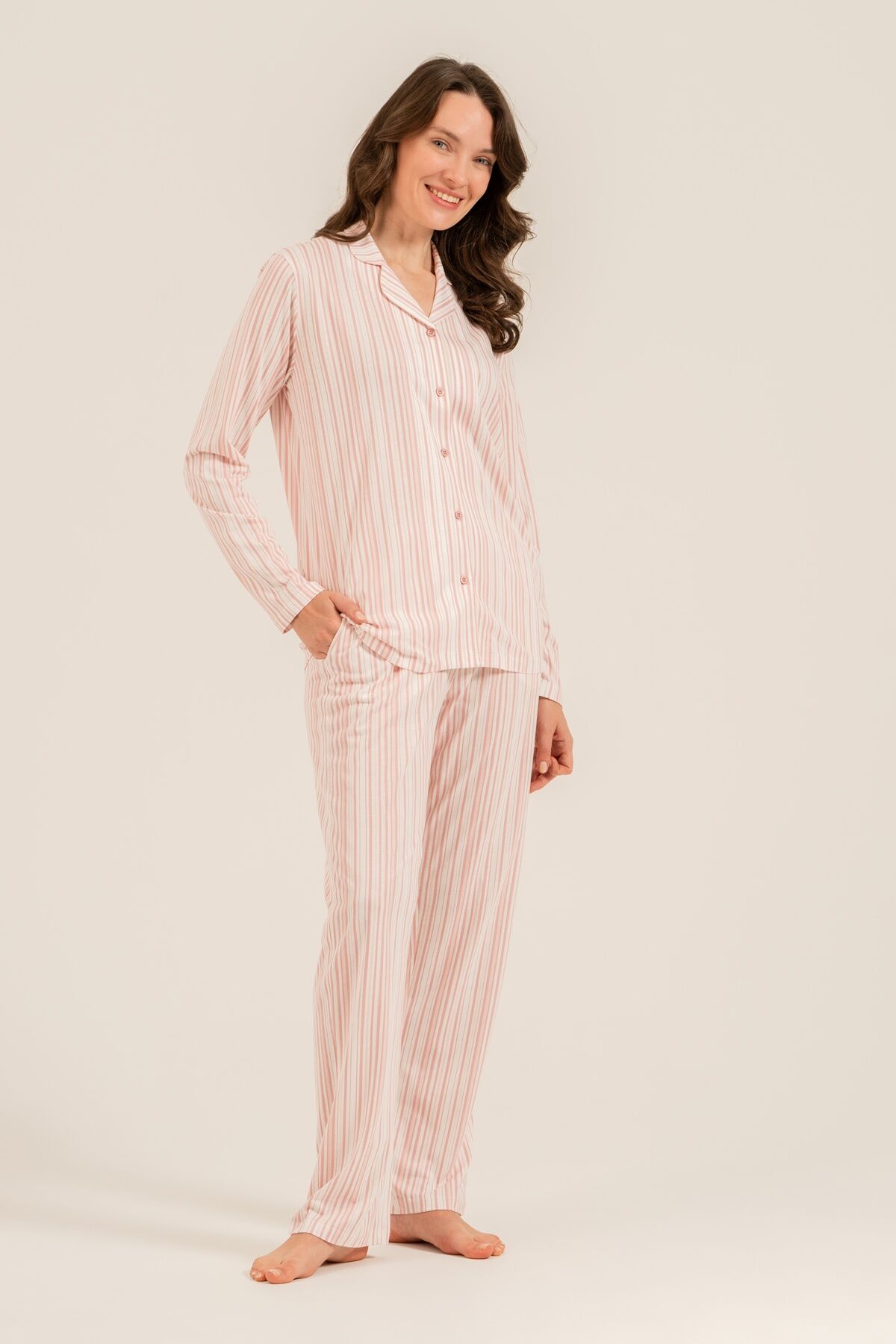 ARNETTA - Arnetta Kadın Çizgili Pembe Gömlek Pijama Takımı AR3755-S-V1