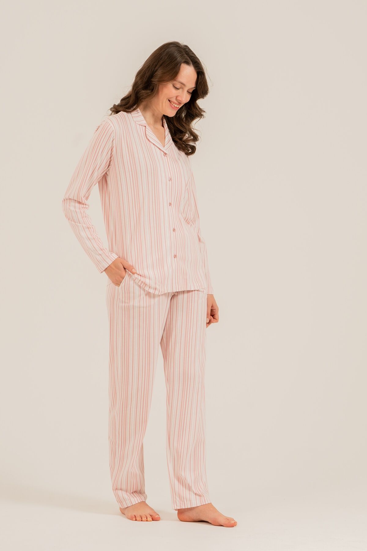 ARNETTA - Arnetta Kadın Çizgili Pembe Gömlek Pijama Takımı AR3755-S-V1 (1)