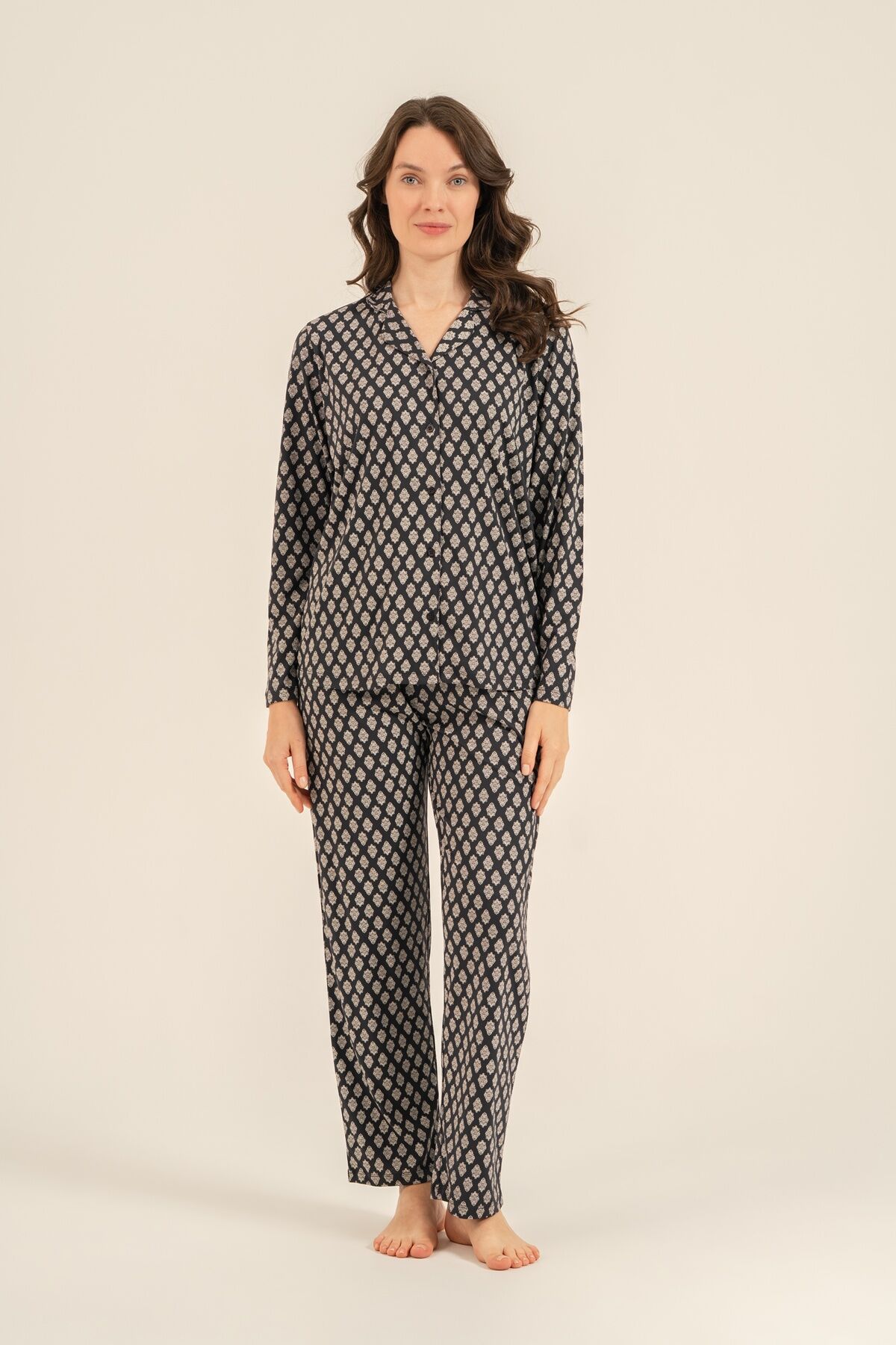 ARNETTA - Arnetta Kadın Desenli Antrasit Gömlek Pijama Takımı AR3750-S-V1 (1)