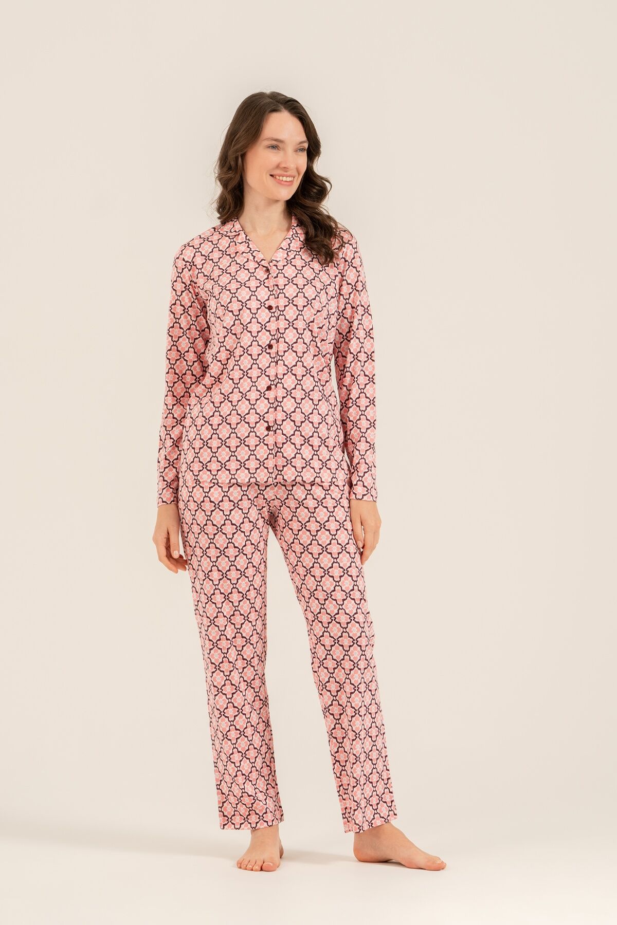 ARNETTA - Arnetta Kadın Flowers Desenli Pembe Gömlek Pijama Takımı AR3761-S-V1 (1)