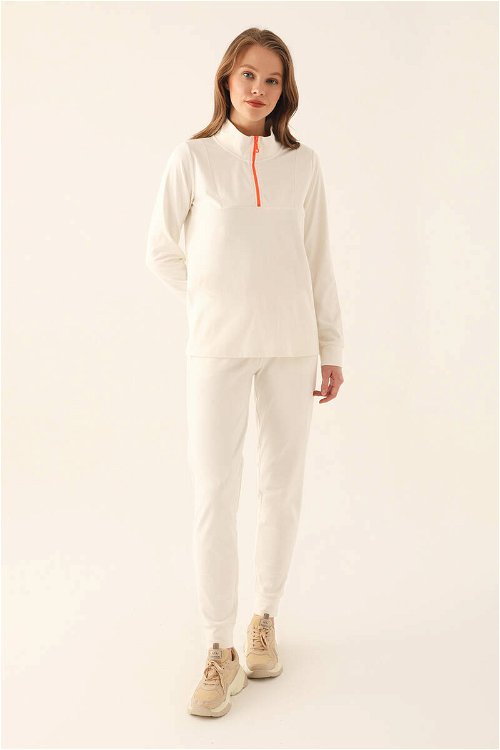 Arnetta Zipper Detail Beyaz Kadın Uzun Kol Pijama Takım