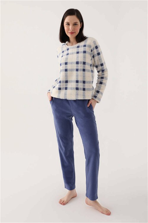 Arnetta Checkered Stripes Mavi Kadın Uzun Kol Pijama Takım