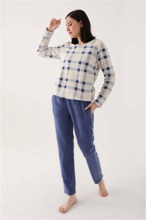 Arnetta Checkered Stripes Mavi Kadın Uzun Kol Pijama Takım