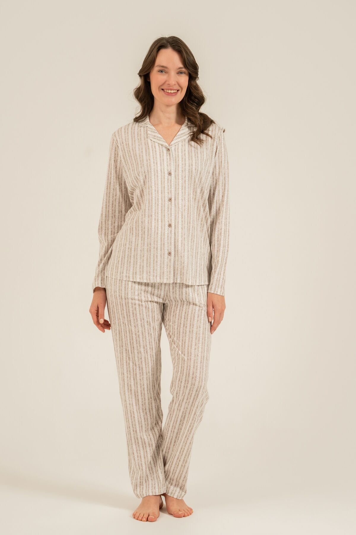 ARNETTA - Arnetta Kadın Kahverengi Çizgili Gömlek Pijama Takımı AR3780-S-V2