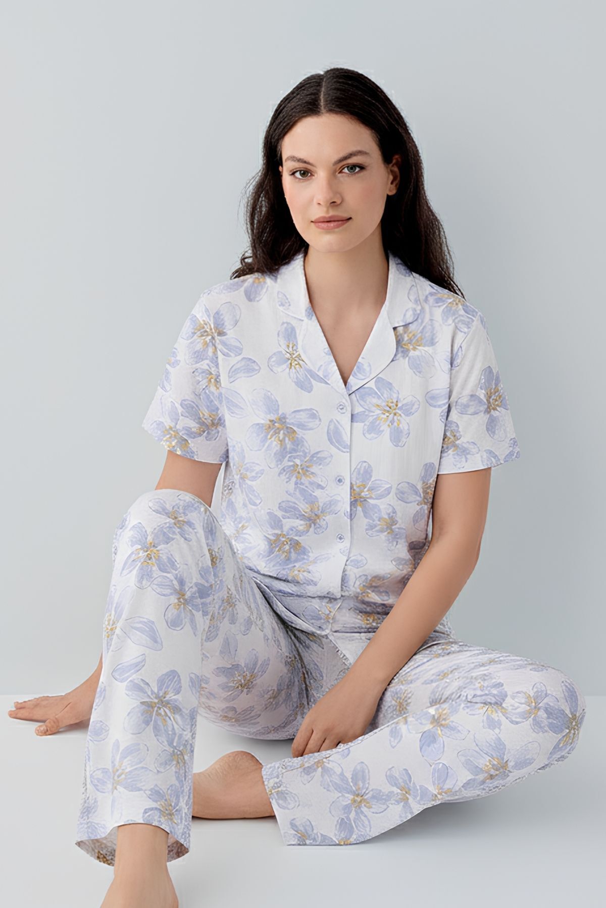 Arnetta - Arnetta Kadın Mavi Gömlek Pijama Takım