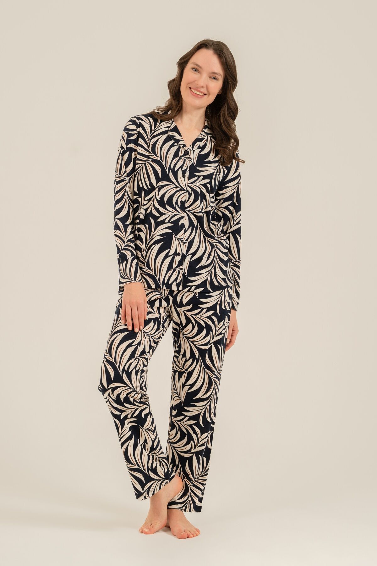 ARNETTA - Arnetta Kadın Lacivert Çiçek Desenli Gömlek Pijama Takımı AR3739-S-V1 (1)