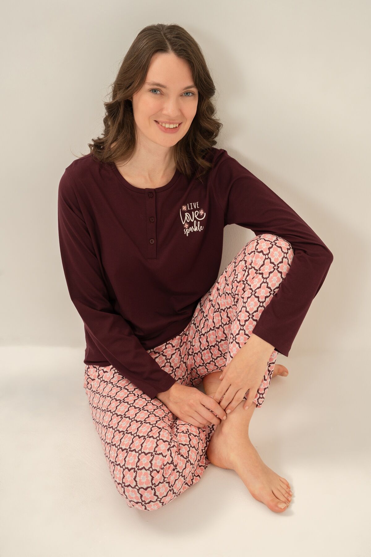 ARNETTA - Arnetta Kadın Live Love Sparkle Mor Uzun Kol Pijama Takım AR3760-S-V1