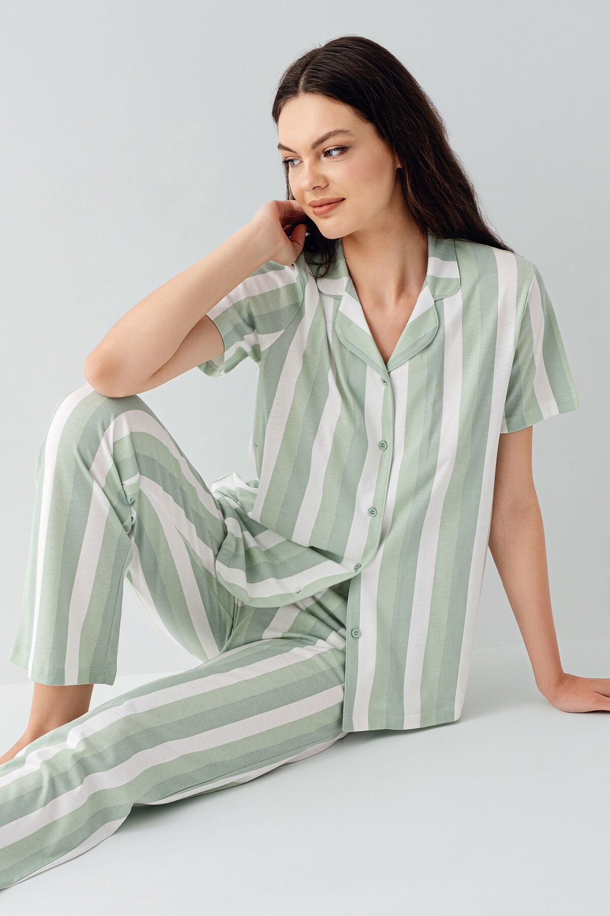 Arnetta - Arnetta Kadın Yeşil Gömlek Pijama Takım