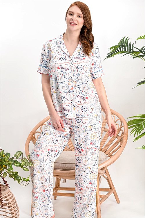 Arnetta Paisley Krem Düğmeli Kısa Kollu Kadın Gömlek Pijama Takımı