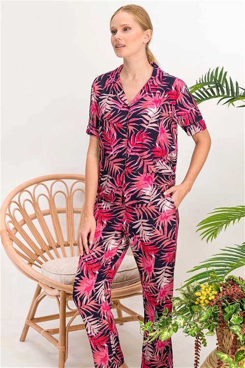 Arnetta Perfect Tropical Lacivert Düğmeli Kadın Gömlek Pijama Takımı