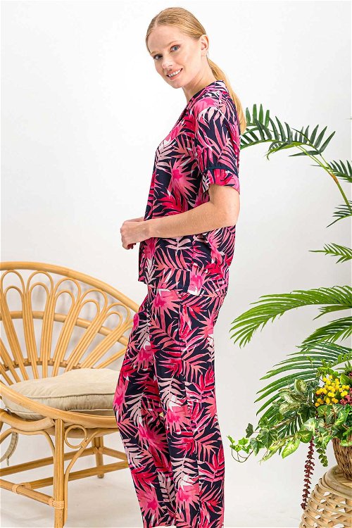 Arnetta Perfect Tropical Lacivert Düğmeli Kadın Gömlek Pijama Takımı