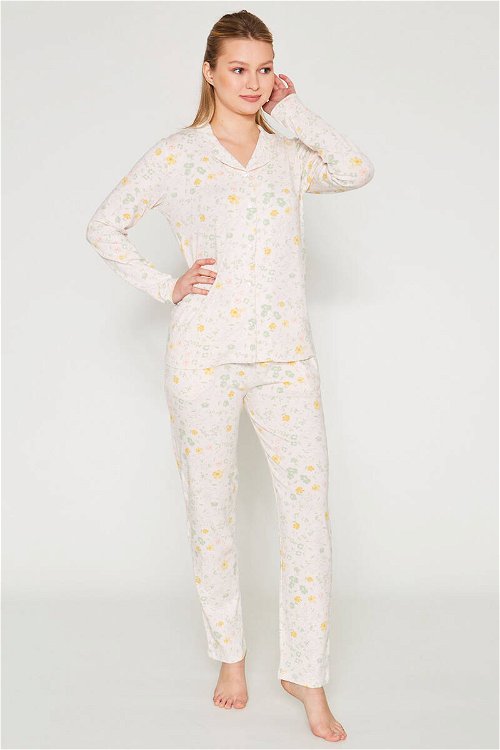 Arnetta Soft Sarı Çiçekli Uzun Kol Kadın Gömlek Pijama Takımı