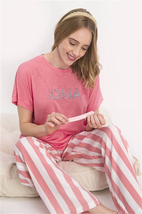 Arnetta Striped Şeker Pembe Kadın Kısa Kol Pijama Takımı