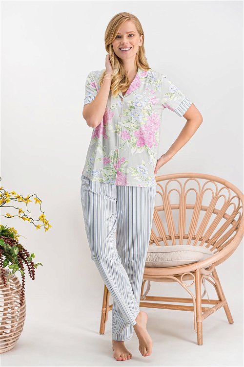 Arnetta Violet Gri Düğmeli Kadın Gömlek Pijama Takımı