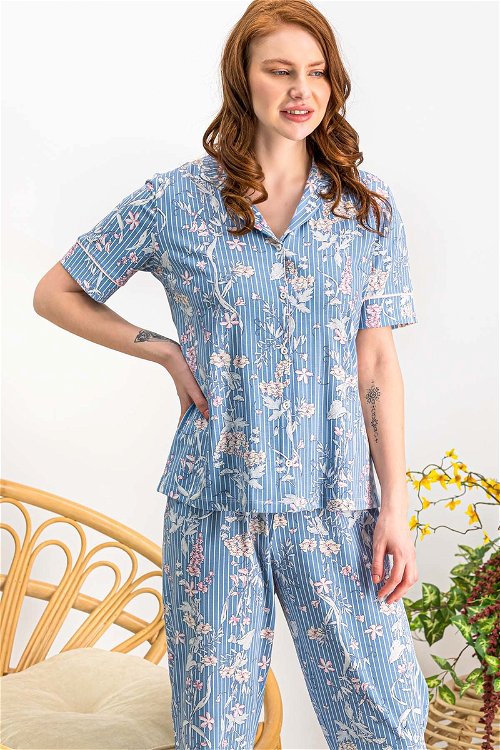 Arnetta Wild Flower Açık İndigo Düğmeli Kadın Gömlek Pijama Takımı