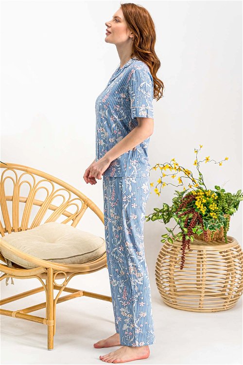 Arnetta Wild Flower Açık İndigo Düğmeli Kadın Gömlek Pijama Takımı