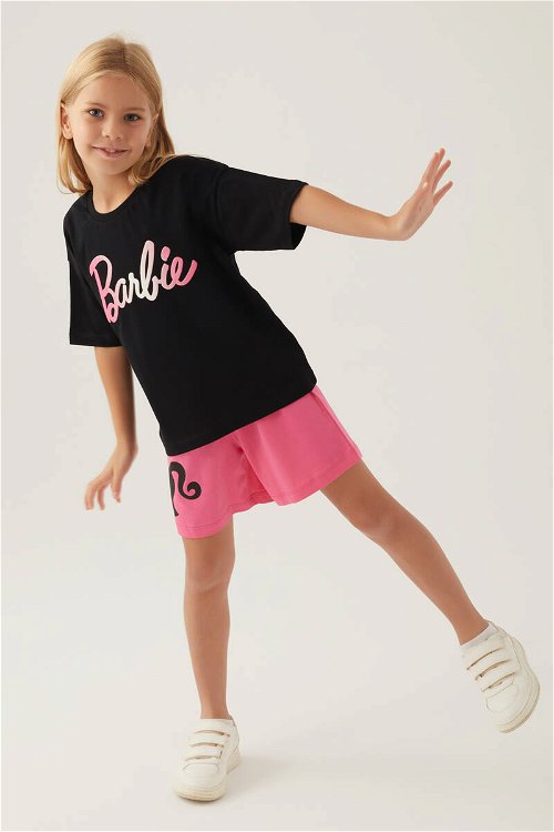 Barbie Patterned Siyah Kız Çocuk Şort Takım