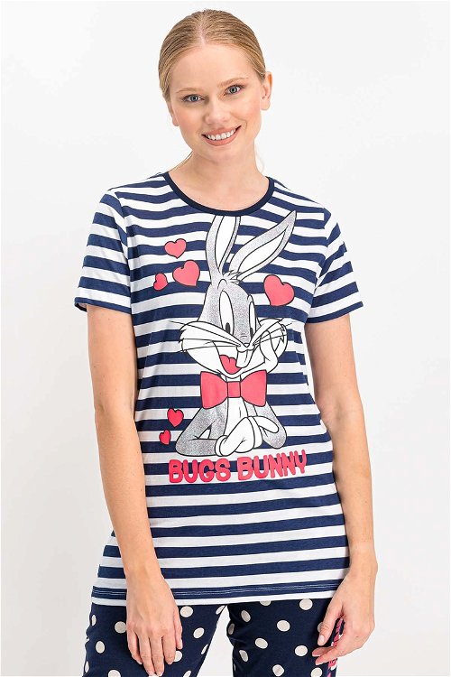 Bugs Bunny Lisanslı Lisanslı Lacivert Kısa Kollu Kadın Pijama Takımı
