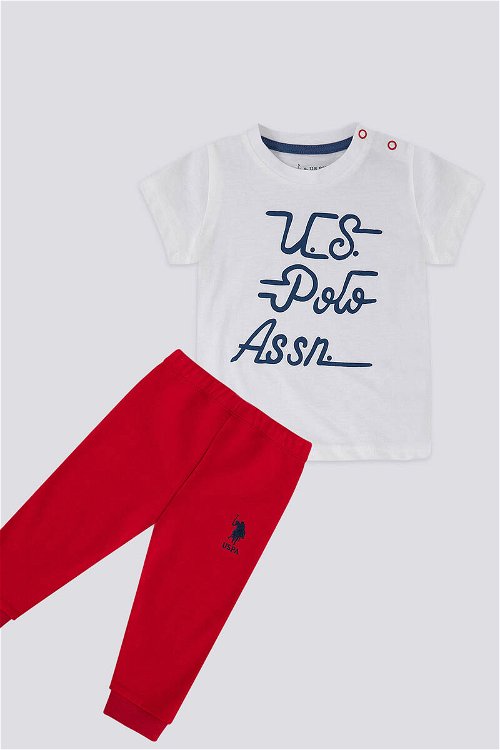 U.S. Polo Assn Writing Pattern Krem Kırmızı Bebek Tshirt Takım