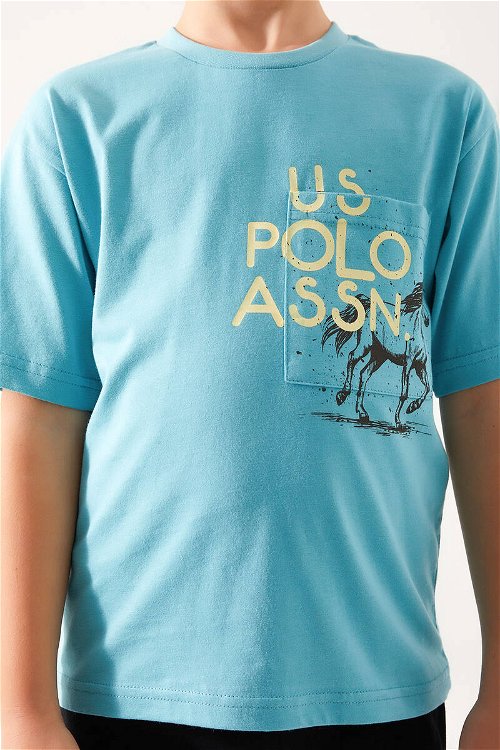 U.S. Polo Assn Horse Picture Pattern Mavi Erkek Çocuk Bermuda Takım
