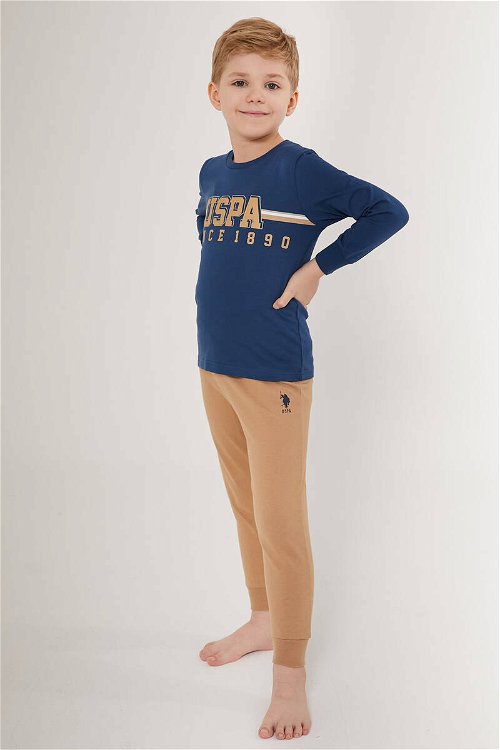 U.S. Polo Assn Thick Line Pattern Koyu Mavi Erkek Çocuk Uzun Kol Pijama Takım