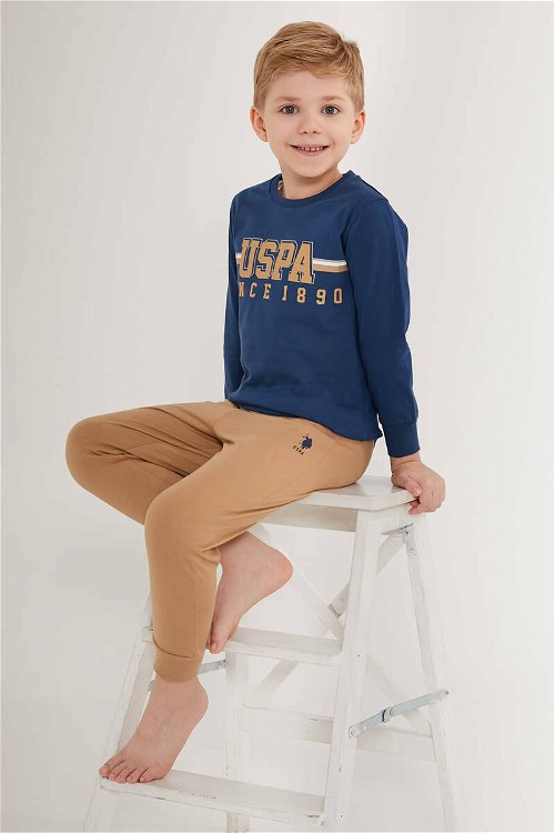 U.S. Polo Assn Thick Line Pattern Koyu Mavi Erkek Çocuk Uzun Kol Pijama Takım