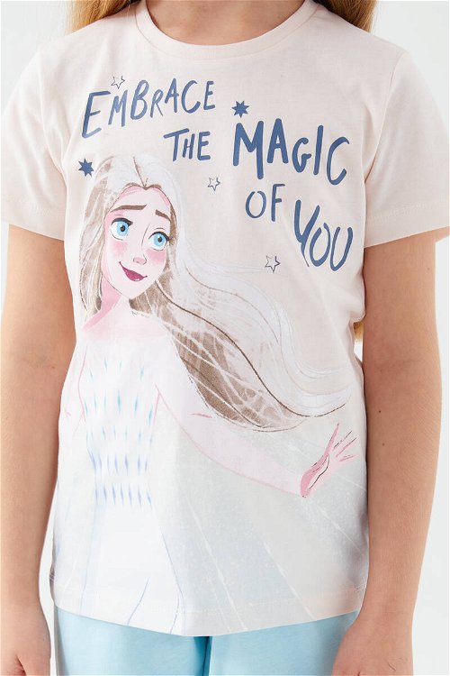 Frozen Embrace Açık Krem İndigo Kız Çocuk Kısa Kol Pijama Takım