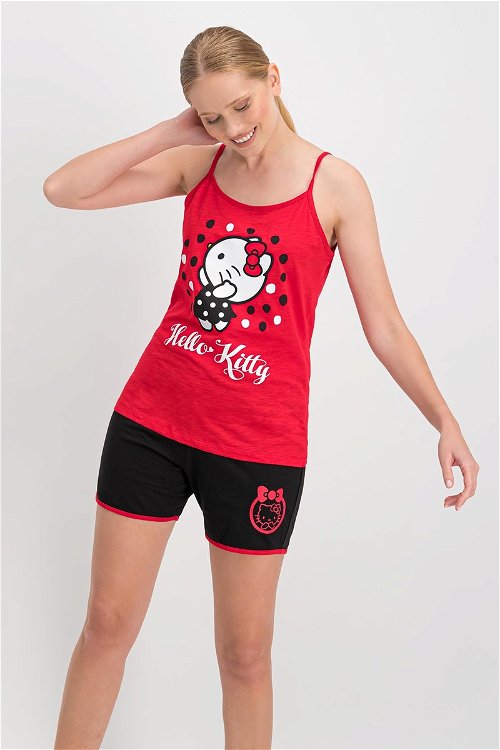 Hello Kitty Lisanslı Kırmızı İnce Askılı Kadın Şort Takım