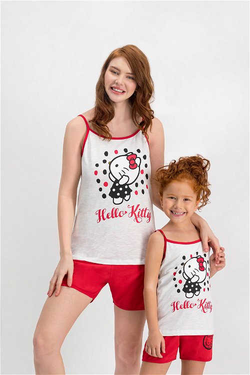 Hello Kitty Lisanslı Krem İnce Askılı Kadın Şort Takım