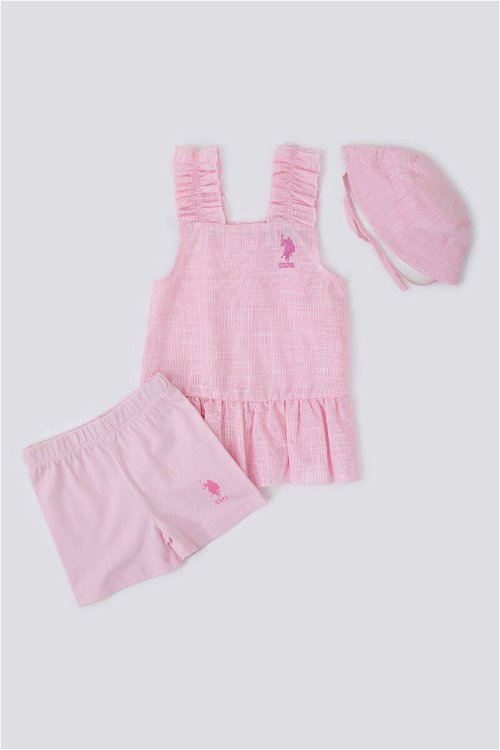 U.S. Polo Assn Sweet Candy Pink Pembe Bebek Şapkalı Şortlu Elbise Takım