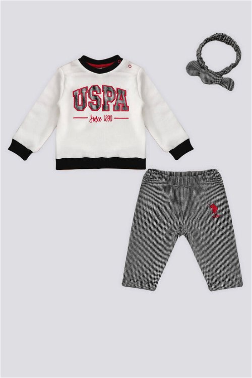 U.S. Polo Assn Krem Nakışlı Saç Bantlı Bebek 3'Lü Takım