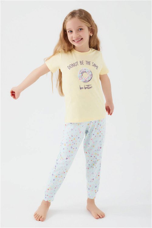 Rolypoly Donut Pattern Açık Sarı Kız Çocuk Kısa Kol Pijama Takım
