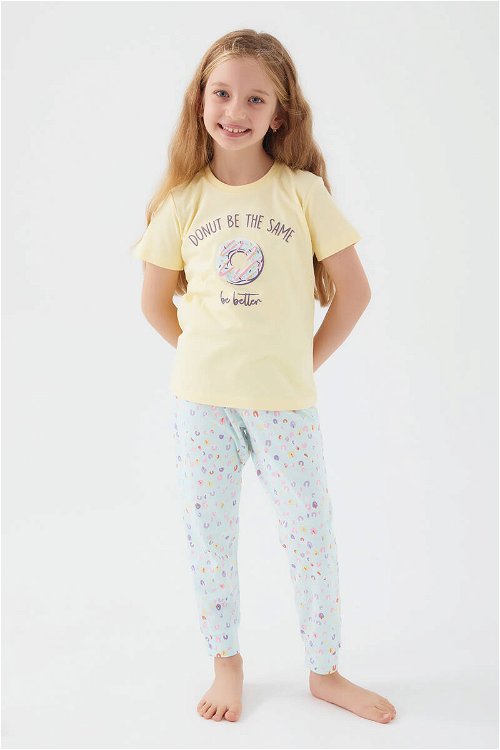 Rolypoly Donut Pattern Açık Sarı Kız Çocuk Kısa Kol Pijama Takım