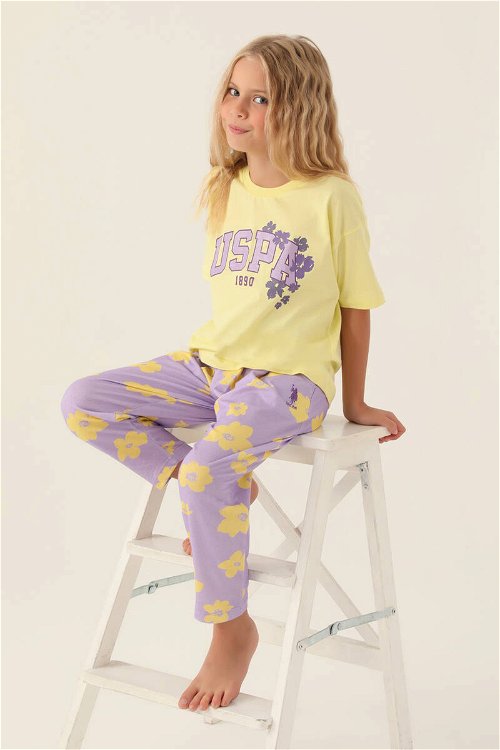 U.S. Polo Assn Lisanslı Floral Pattern Açık Sarı Kız Çocuk Pijama Takımı