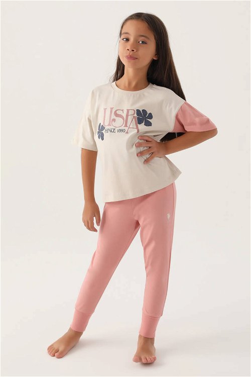 U.S. Polo Assn Lisanslı Rose Bej Kız Çocuk Pijama Takımı