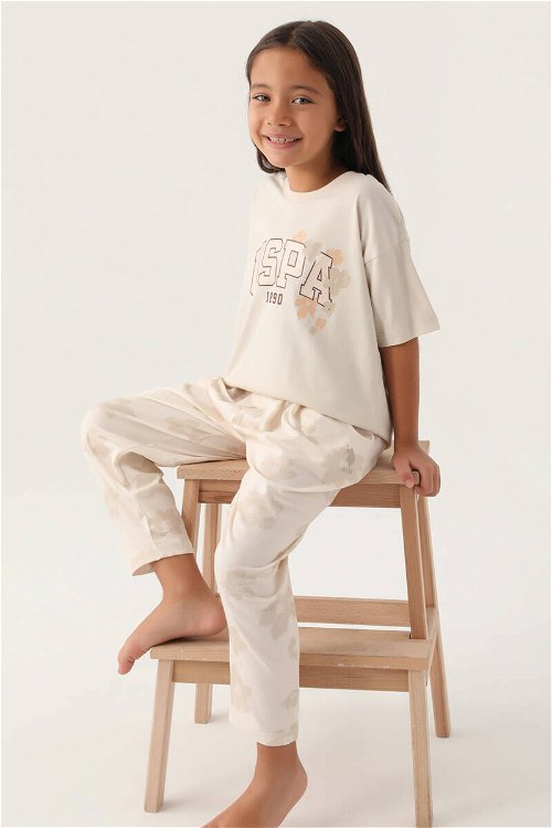 U.S. Polo Assn Lisanslı Floral Pattern Bej Kız Çocuk Pijama Takımı