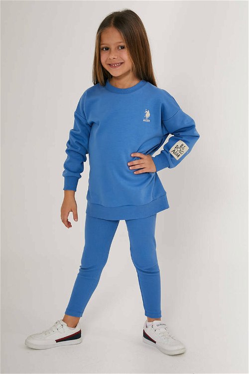 U.S. Polo Assn Shiny Mavi Kız Çocuk Uzun Kol Tayt Takım