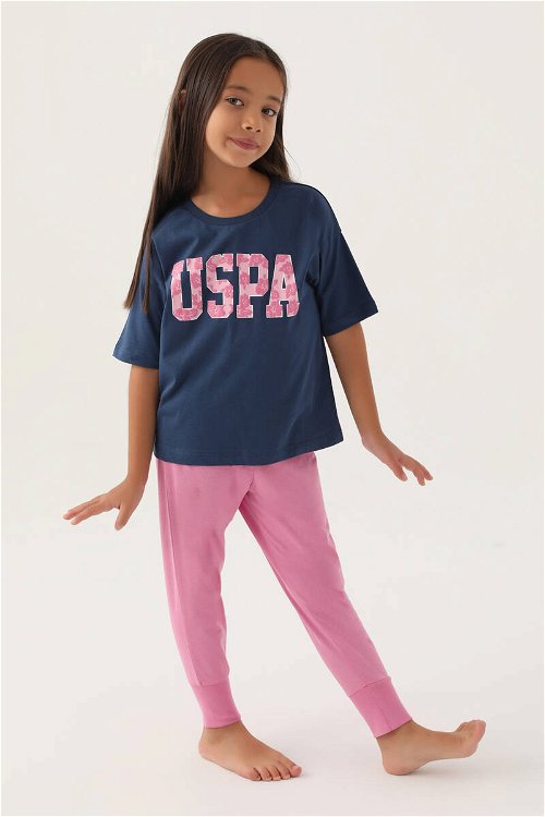 U.S. Polo Assn Lisanslı Floral Text Koyu İndigo Kız Çocuk Pijama Takımı