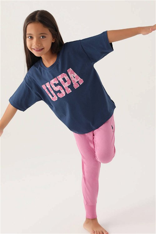 U.S. Polo Assn Lisanslı Floral Text Koyu İndigo Kız Çocuk Pijama Takımı