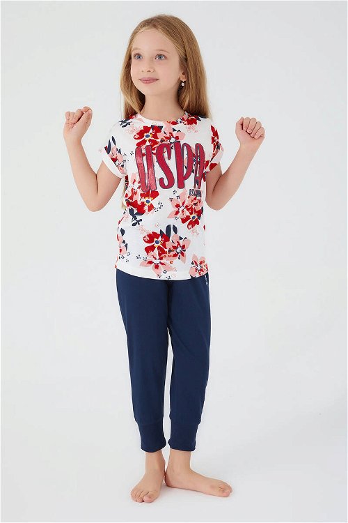 U.S. Polo Assn Floral Print Krem Kız Çocuk Kısa Kol Pijama Takım