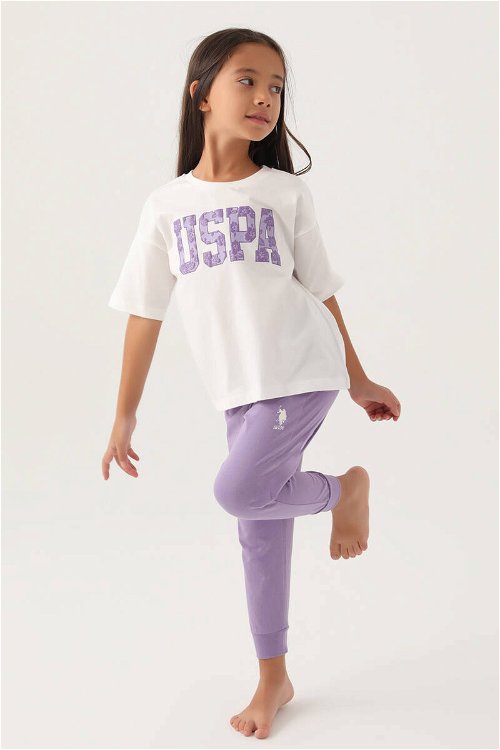 U.S. Polo Assn Lisanslı Floral Text Krem Kız Çocuk Pijama Takımı
