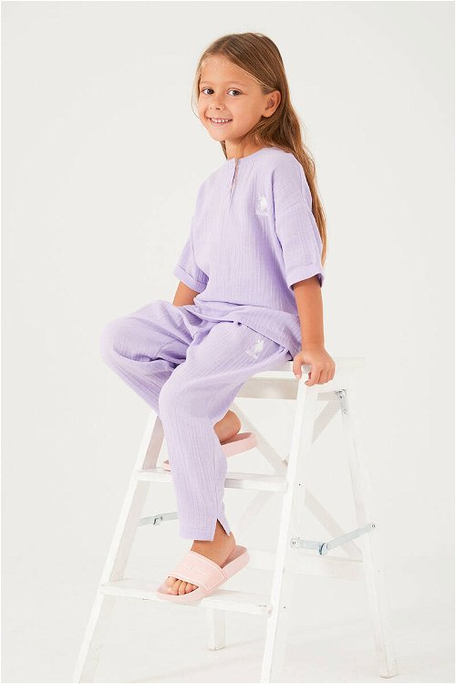 U.S. Polo Assn Thin Strip Lila Kız Çocuk Kısa Kol Pijama Takım
