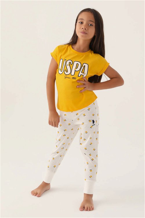 U.S. Polo Assn Lisanslı Text Printed Sarı Kız Çocuk Pijama Takımı